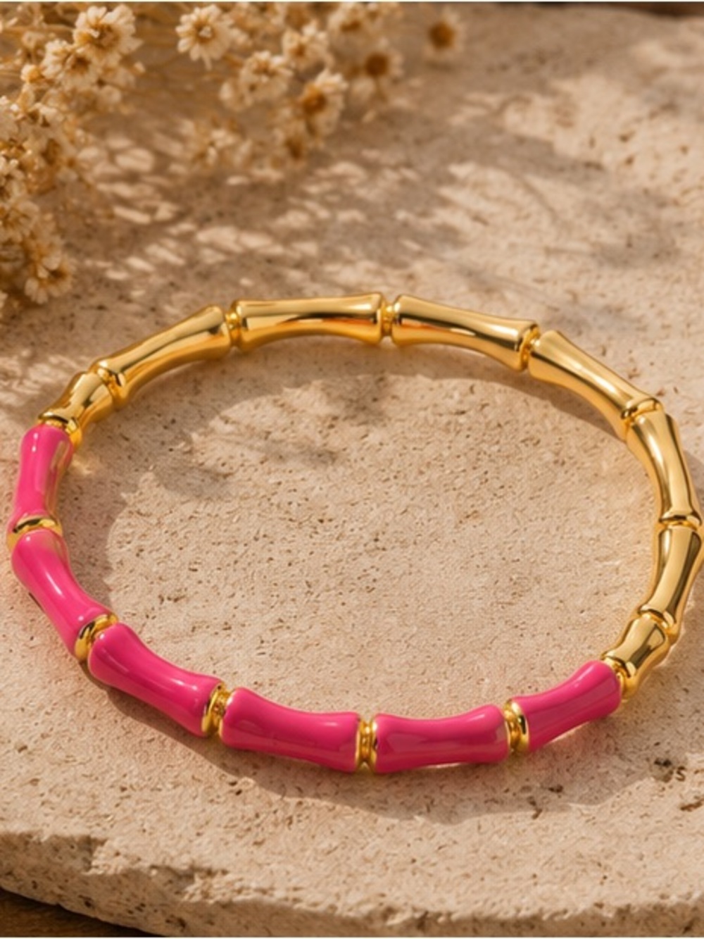 Hot Pink Bamboo Inspired Gold Tone Bangle Bracelet Statement Cuff